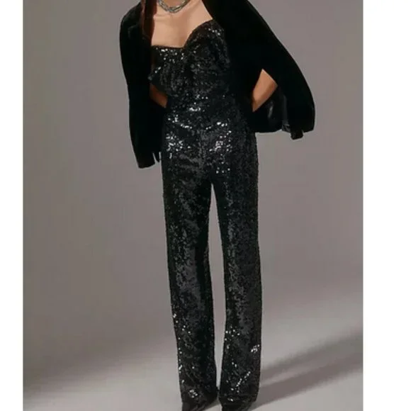 Anthropologie Hutch Sequin Bow Jumpsuit Cocktail Disco Party Black 4 248$ NWT - Picture 1 of 8